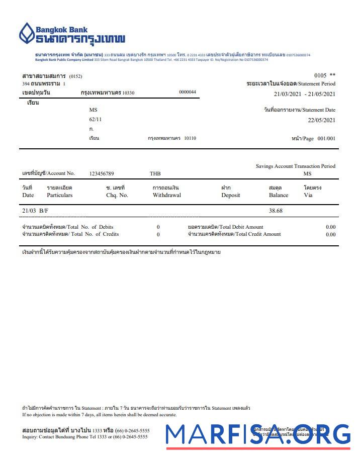 Realistic Thailand Bangkok bank account statement word example